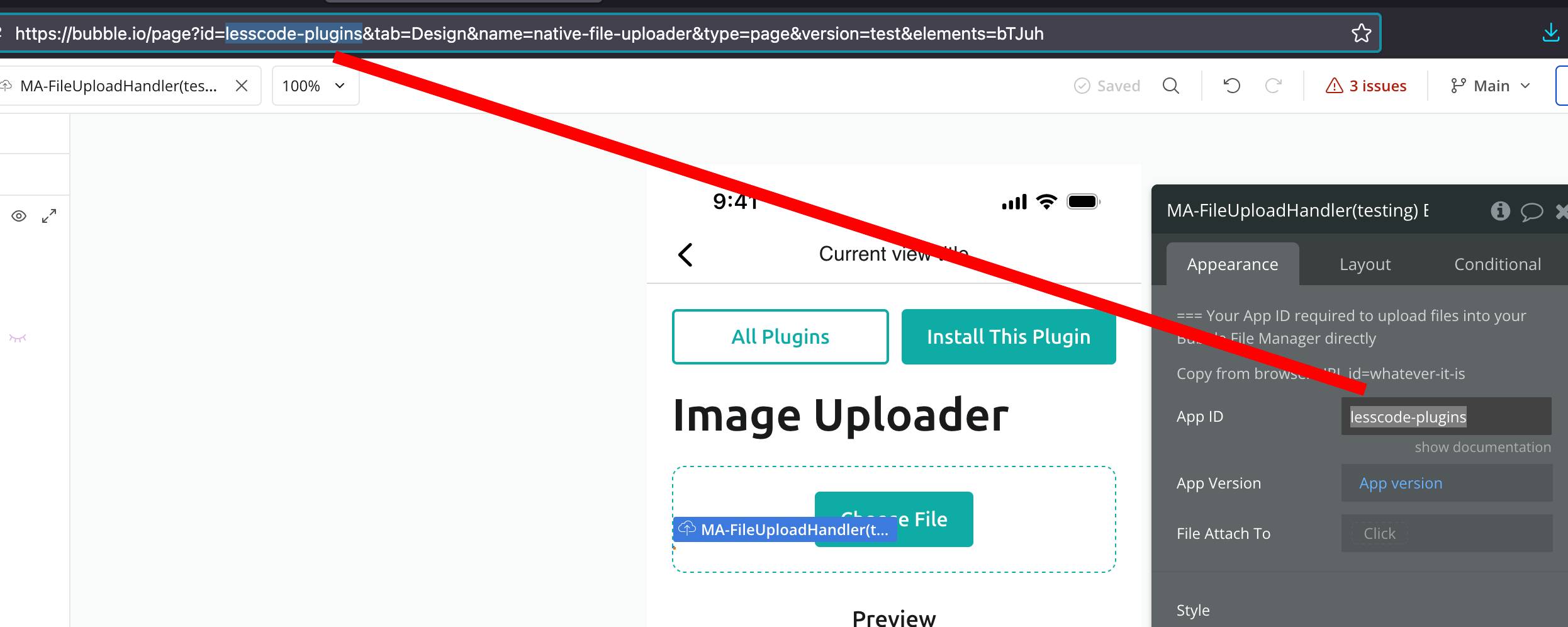 Screenshot showing how to find the Bubble App ID in the URL